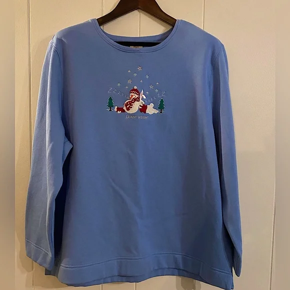 Blue 2X Christmas Sweatshirt embroidered snowman and rabbit “Silent Night” - Picture 1 of 4